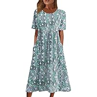 Party Novelty Shift Dress Womens Short Sleeve Mother's Day Print with Pockets for Women Comfortable Crewneck Turquoise L