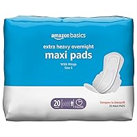 Amazon Basics Thick Maxi Pads with Flexi-Wings for Periods, Extra Heavy Overnight Absorbency, Unscented, Size 5, 20 Count, 1 Pack (Previously Solimo)