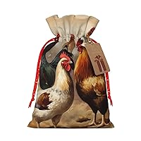 WSOIHFEC Chicken And Rooster Print Christmas Gift Bags with Drawstring Burlap Christmas Treat Bags Reusable Christmas Candy Bag Gift Wrapping Bag Party Favors Bags