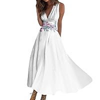 Spring Dresses for Women 2024 Sun Beach Vacation Long Maxi Swing Dress A Line Dress Print Sleeveless V Neck Dress