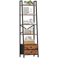 Furologee 5-Tier Ladder Shelf with 2 Drawers,Narrow Bookshelf Storage Shelves,Industrial Bookcase Freestanding Shelf Units for Bedroom,Living Room,Bathroom,Home Office,Balcony,Wood Metal,Rustic Brown