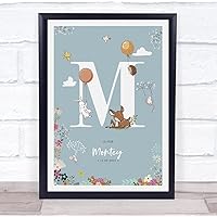 The Card Zoo New Baby Birth Details Christening Nursery Woodland Animals Initial M Gift Print