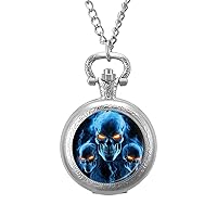 Ghost Skulls in Blue Flames Vintage Pocket Watch with Chain Arabic Numerals Scale Quartz Pocket Watches Gifts for Men Women