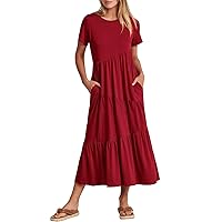 ANRABESS Womens Summer Casual Short Sleeve Crewneck Swing Maxi Dress Flowy Asymmetric Tiered Beach Dress with Pockets