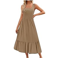 Prime of Day Deals Today 2024 Women Sleeveless Maxi Dress Summer Casual Tiered A-Line Dresses Square Neck Swing Long Dress Flowy Beach Vacation Sundress Robe Femme Khaki