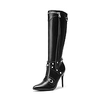 DREAM PAIRS Women's Metallic Stiletto Heeled Knee-High Boots Sexy Fashion Thigh High Pointed Toe Dress Boots with Stud and Zipper Tassel