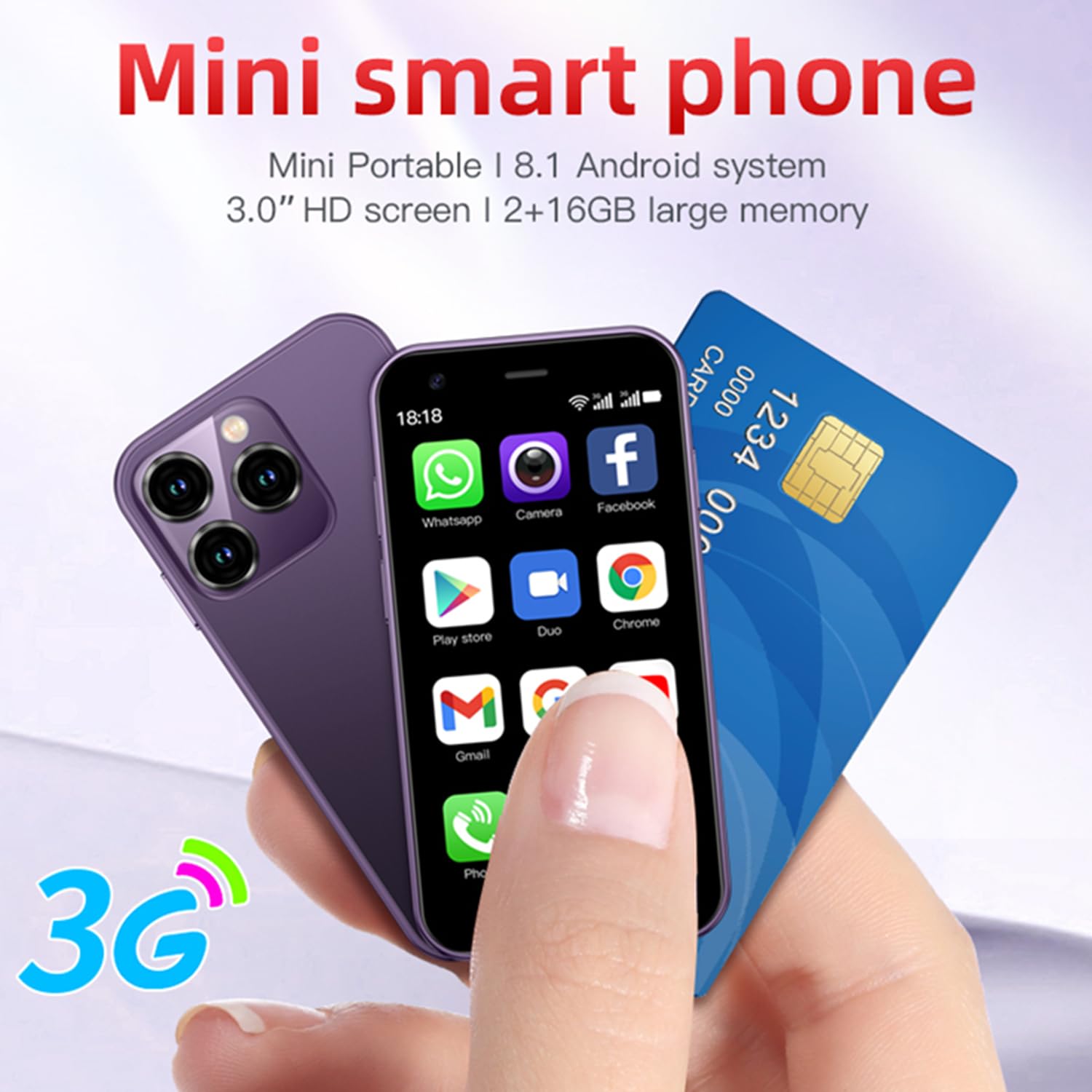 SOYES XS15 3G Mini Smartphone 3.0 Inch WiFi GPS Quad Core Android 8.1 Cell Phones Slim Body HD Camera Dual Sim Google Play Cute Palm Smartphone 2GB RAM 16GB ROM China Mobile (Purple)