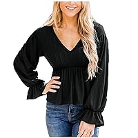 Work Shirts for Women Elegant Sexy Shirt Solid Color Striped Slim Top V-Neck Flared Long-Sleeved Shirt Blouse Chiffon