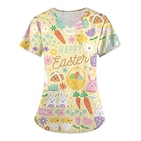 Easter Shirt Womens Printed Blouse Short Sleeve Tunic Daily Tee V-Neck Pocket Casual Tshirt Fashion Tops
