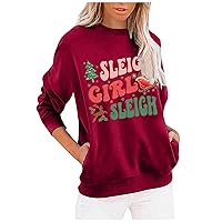 Sleigh Girl Sleighr Letter Women Cute Sweatshirt Long Sleeve Christmas Pullover Tops Lightweight Shirts with Pockets