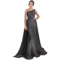 One Shoulder Sequin Prom Dress 2024 Tulle A Line Ball Gown Glitter Evening Gown Formal Dress with Slit