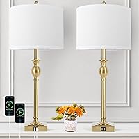TOBUSA 28” Gold Table Lamps Set of 2, Tall Bedside Lamps with Dual USB Charging Ports, Modern Nightstand Lamps with Square Brass Base and White Fabric Shade for Living Room, Bedroom(No E26 Bulbs)