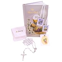 Wowser Girl's First Communion White Mass Book, White Rosary, Lapel Pin, and Scapular Gift Set
