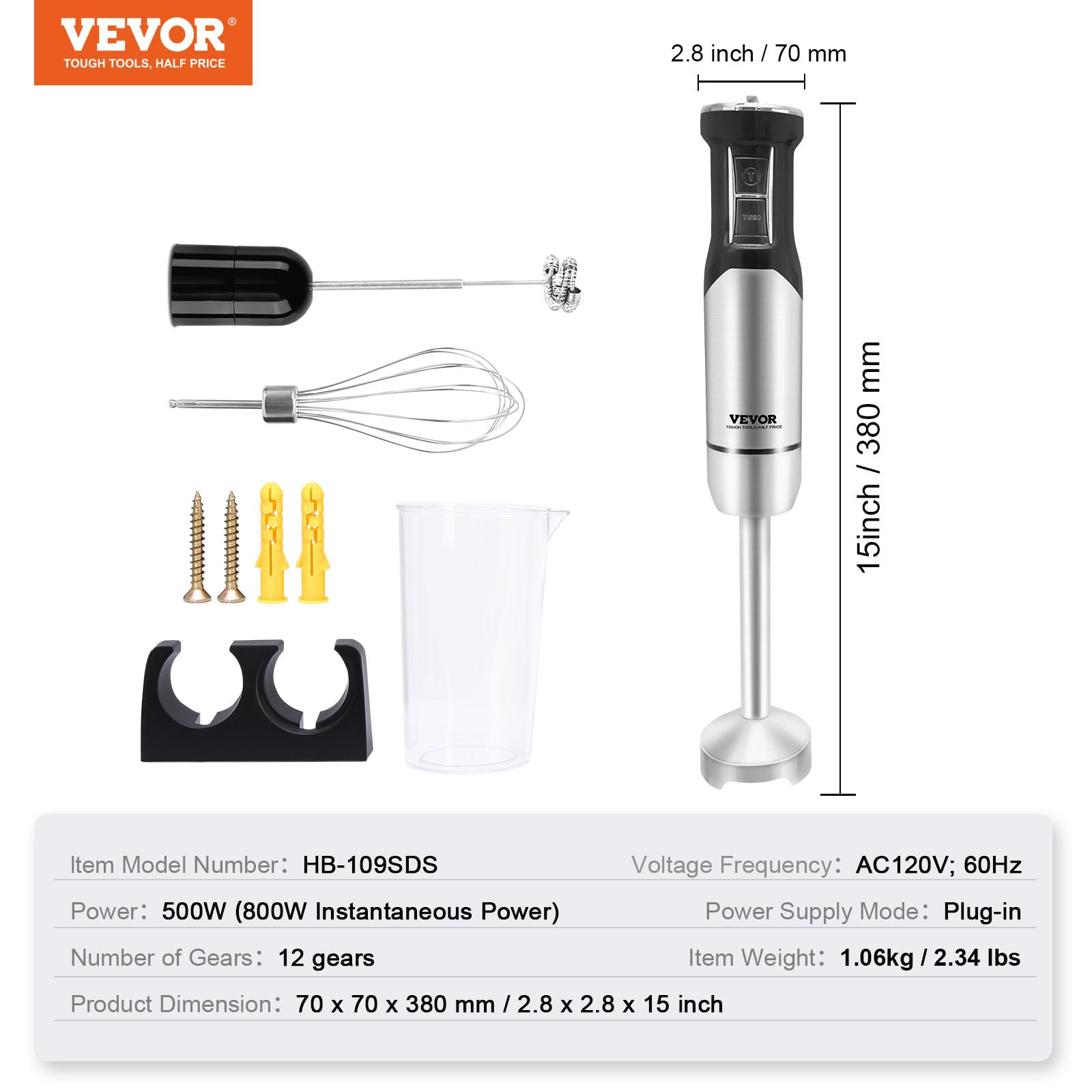 VEVOR Commercial Immersion Blender, 12-Speed Heavy Duty Immersion Blender, Stainless Steel Blade Copper Motor Hand Mixer, Portable Mixer with Measuring Cup, Whisk, Milk Frother, Silver
