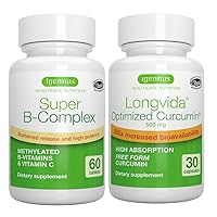 Super B-Complex & Longvida Lipidated Curcumin 500mg Vegan Bundle, Methylated Sustained Release B Complex with Ultra Bioavailable & Sustained Action Curcumin, by Igennus