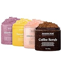 Majestic Pure Body Scrubs - Coffee Scrub, Himalayan Scrub, Blueberry Scrub, and Sweet Orange Scrub Bundle, 10 oz each