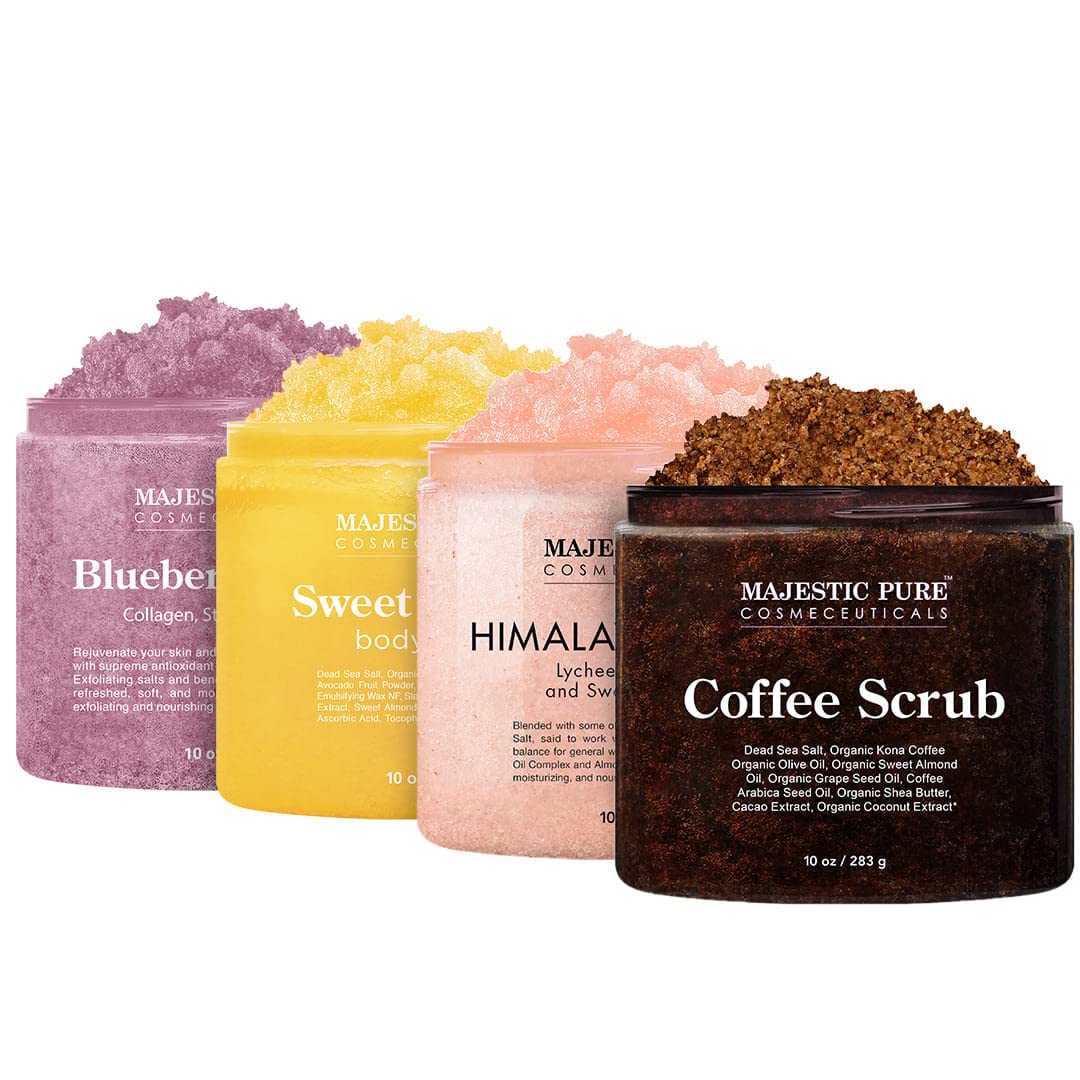 Majestic Pure Body Scrubs - Coffee Scrub, Himalayan Scrub, Blueberry Scrub, and Sweet Orange Scrub Bundle, 10 oz each