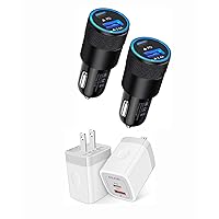 2 Pack Dual Port PD USB C Wall Charger + 2 Pack Dual Port Type C USB A Car Charger