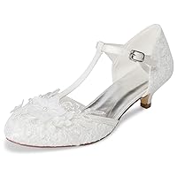 JIAJIA 01143 Women's Bridal Shoes Closed Toe T-Strap 1.8'' Low Heel Lace Satin Pumps Flowers Imitation Wedding Shoes