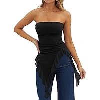 Imily Bela Womens Asymmetrical Tube Top Strapless Ruffle Hem Slim Fitted Shirts Y2K Going Out Tops