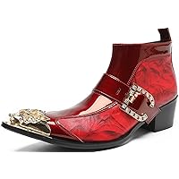 Mens Ankle Chelsea Dress Boots Monk Strap Leather Fashion Plaid Zipper Pointed Metal Toe Novelty Casual Ballroom Party Western Cowboy Wedding