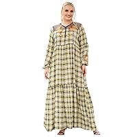 Dress for Women's Long Sleeve Plaid Embroidery Pleated Casual Loose Dress Ladies Clothing