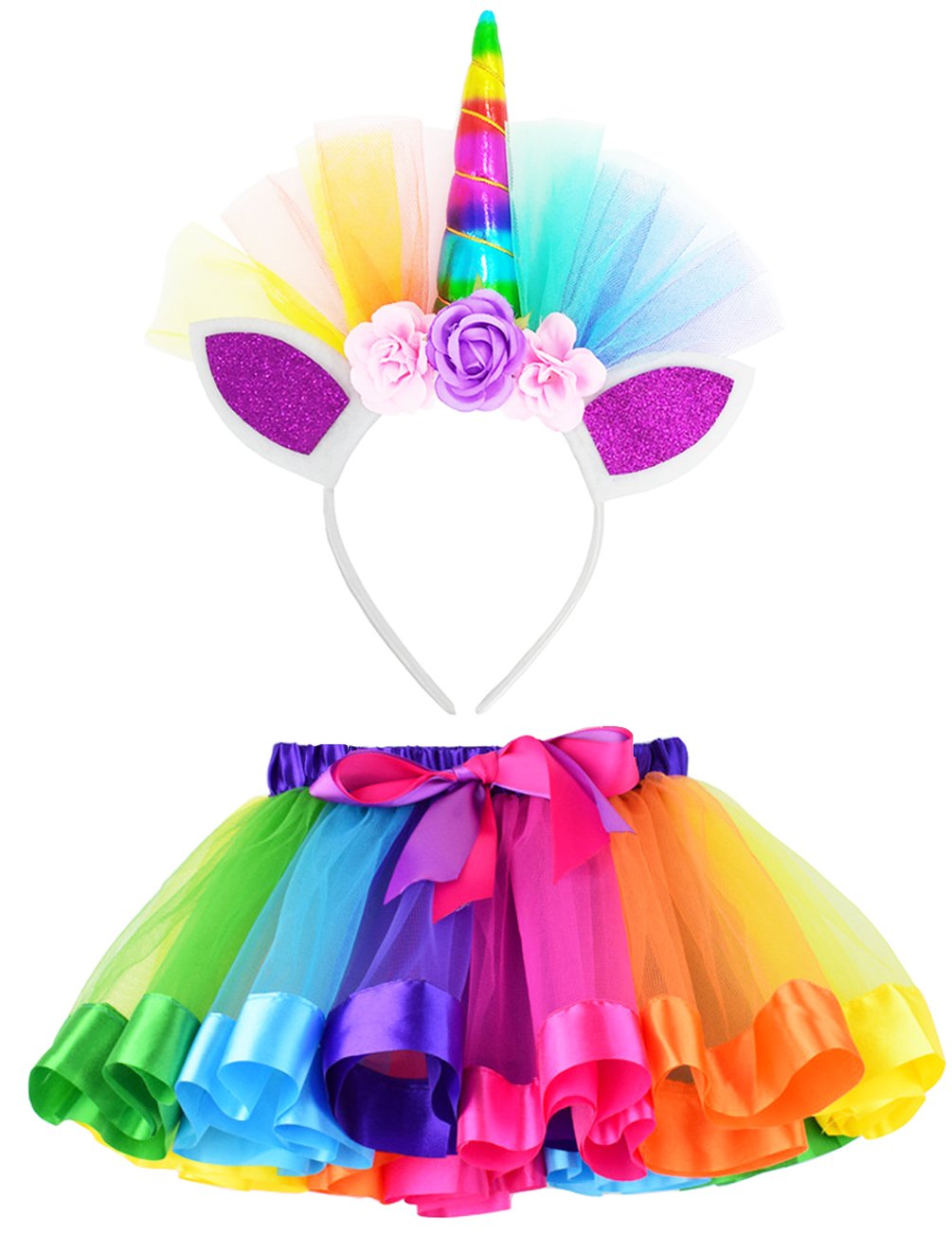 LYLKD Little Girls Layered Rainbow Tutu Skirts with Unicorn Horn Headband