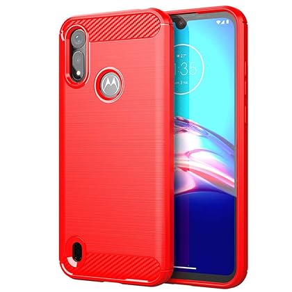 INSOLKIDON Compatible with Motorola Moto E6S 2020 Case Back Cover, Cover for Moto E6S Carbon Fiber Scratch Resistant, Shock Absorption Soft TPU Drawing Protective Cases Phone Cover (Red)