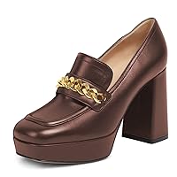 FSJ Women Classic Platform High Chunky Heel Loafer Pumps Square Closed Toe Slip On Block Heel Ladies Wedding Party Office Dress Shoes with Chain Size 4-15 US