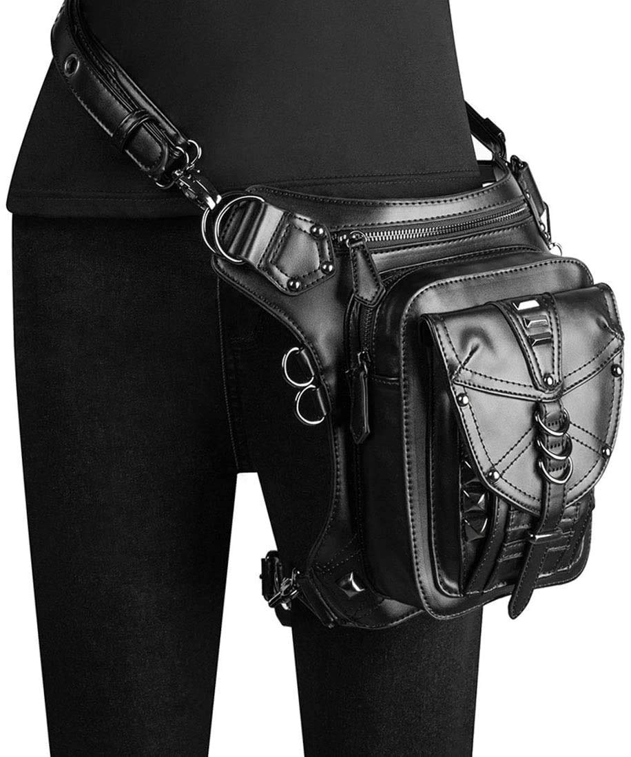 UIYTR Black Gothic Rock PU Leather Steampunk Handbag Waist Pack Vintage Punk Shoulder Messenger Bag