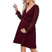KOJOOIN Womens Maternity Swiss Dot Long Sleeve Wrap Dress Fall Casual V Neck Nursing Midi Dress Baby Shower Photoshoot Belt