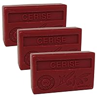Savon de Marseille - French Soap made with Organic Argan Oil - Cherry Fragrance - Suitable for All Skin Types - 100 Gram Bars - Set of 3