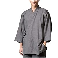 Men Buddhist Linen Shirt Chinese Traditional Men Shirts Tops Dark Grey