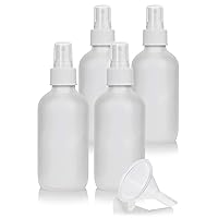 JUVITUS 4 oz Frosted Clear Glass Boston Round Bottle with White Fine Mist Sprayer (4 Pack) + Funnel
