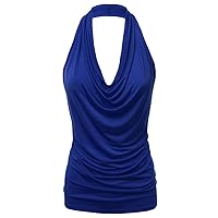 FASHIONOLIC Women's Halter Neck Front Draped Backless Tank Top Made in USA (S-3XL)