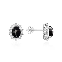RYLOS 14K White Gold Princess Diana Inspired Earrings - Oval Shape Gemstone & Diamonds - 8X6MM Birthstone Earrings - Timeless Color Stone Jewelry