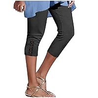 Women's Solid Color Elastic Waist Fashionable Lace High Elastic Cropped Yoga Pants Capri Leggings Plus Size (Black, M)
