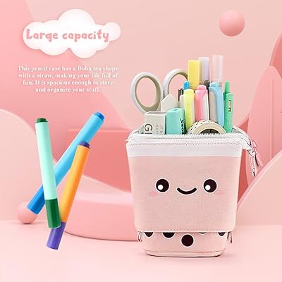 Boba Cute Standing Pencil Case for Kids, Pop Up Pencil Box Makeup Pouch, Stand Up Christmas Gift Kids Pen Holder Organizer Cosmetics Bag, Kawaii