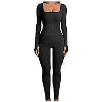Women Yoga Jumpsuits Workout Ribbed Long Sleeve Sport Jumpsuits Square Neck Bodycon Romper One Piece Outfits Clubwear