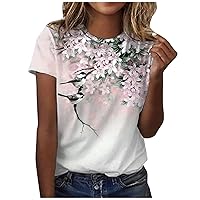 Womens Summer Tops 2023,Floral Print Crew Neck Short Sleeve Tshirts Shirts Casual Loose Elegant Dressy Blouse Tunic