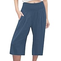 Women's Summer High Elastic Waisted Cotton Linen Palazzo Pants Wide Leg Long Ruched Office Pant Trouser with Pockets