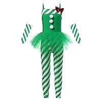 FEESHOW Girls Boys Christmas Candy Cane Unitard Dance Leotard Costume Kids One Piece Long Sleeve Turtleneck Jumpsuit Green&Bowknot 12 Years