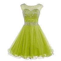 VeraQueen Women's A Line Beaded Homecoming Dress Short Tulle Sleeveless Cocktail Gown Army Green