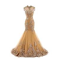 Gold Mermaid Beadded Wedding Evening Dress Prom Gown Lace-Up