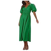 Sage Green Dress,New Women's V Neck Puff Sleeves with High Waist and Open Back Slit Dress Postpartum Dress for
