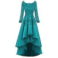 NOVIA Women's Short Fornt Long Back Scoop Lace Prom Homecoming Dresses Long Sleeves Beaded A line Evening Party Ball Gown