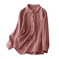 Womens Long Sleeve Button Down Cotton Linen Shirt Lapel Embroidery Blouse Loose Fit Casual Dressy Pocket Tops
