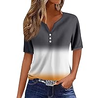 Womens 2024 Summer Tops Short Sleeve Contrast Color Gradient Shiny Blouse V Neck Button Down Casual Shirts