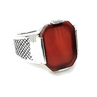KAR 925K Stamped Sterling Silver Red Agate (Aqeeq) Men's Plain and Elegant Ring K41X