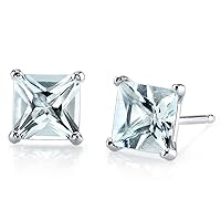 Peora Solid 14K White Gold Aquamarine Stud Earrings for Women, Genuine Gemstone Birthstone Solitaire Princess Cut, 6mm, 1.75 Carats total, Friction Back